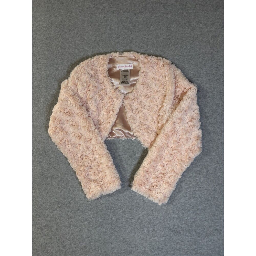 Bonnie Jean Girls M Pink Rosette Faux Fur Bolero Shrug Jacket Satin Lined
